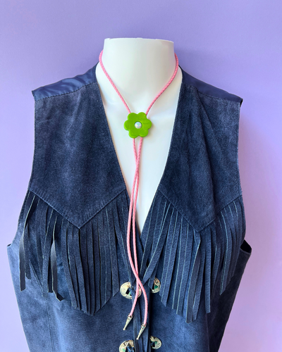 Green Flower on Pink Brainded Cord Western Bolo Tie #1