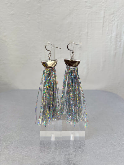 Silver Metallic Tinsel Tassel Earrings - Medium