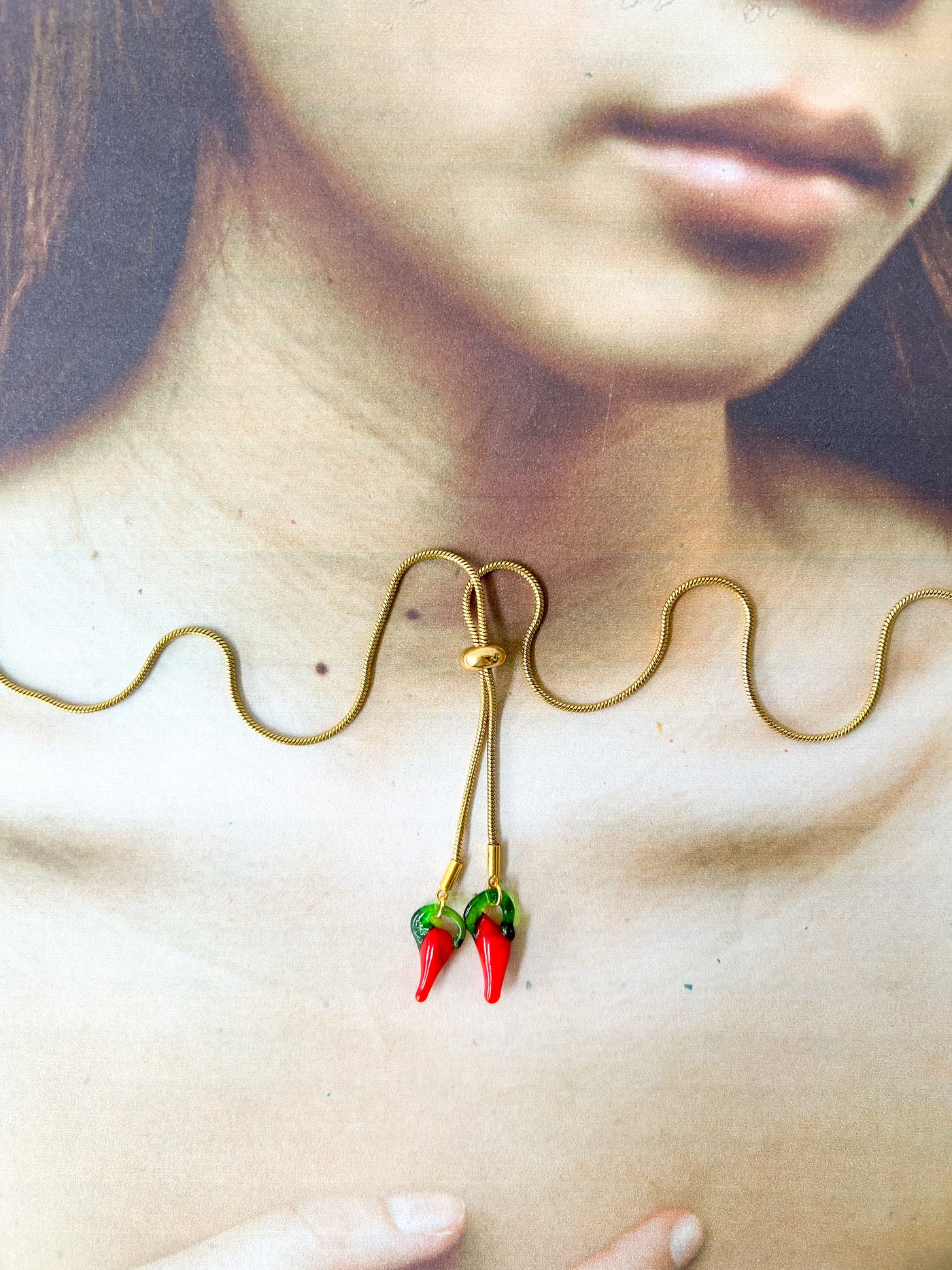 Chili Pepper Gold Lariat Style Bolo Tie Necklace