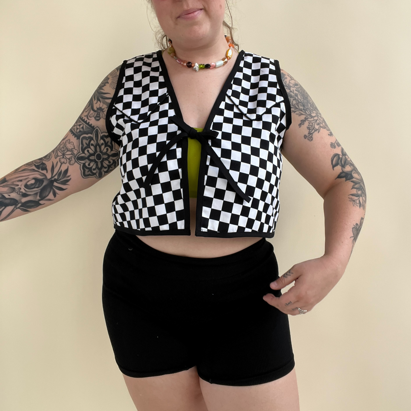 Black & White Checkered Vest with Tie Front - Size M