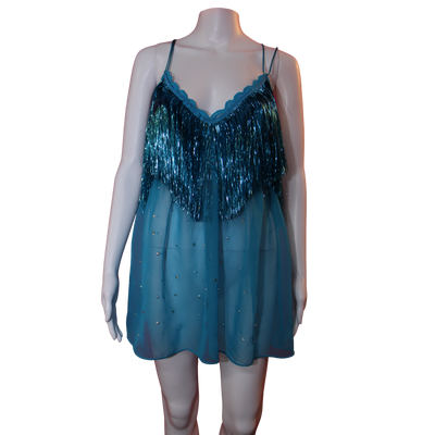Blue tinsel and rhinestone lingerie top