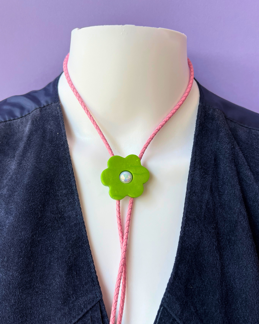 Green Flower on Pink Brainded Cord Western Bolo Tie #1