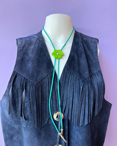 Green Flower with Teal Cord Western Bolo Tie