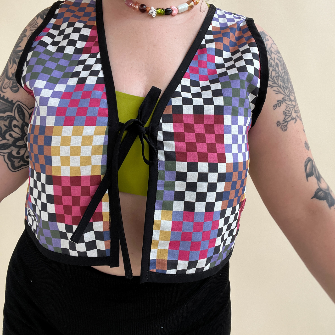 Rainbow Checker Vest with Tie