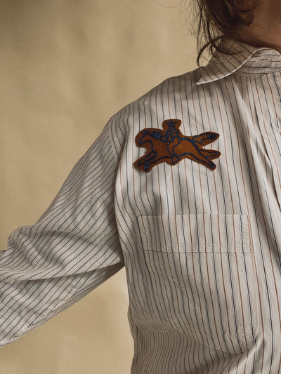 Cowboy Horse Patch Chain Stitch French Cuff Shirt - Blue & Gold Stripe
