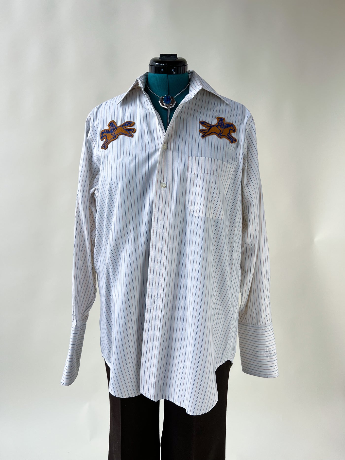 Cowboy Horse Patch Chain Stitch French Cuff Shirt - Blue & Gold Stripe