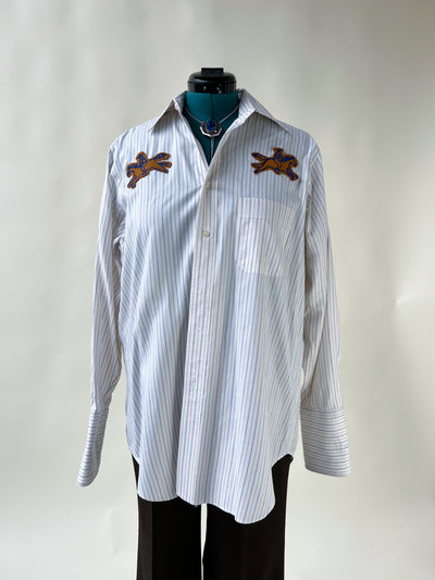 Cowboy Horse Patch Chain Stitch French Cuff Shirt - Blue & Gold Stripe
