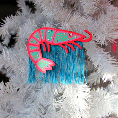 Pink and Blue Shrimp Ornament with Blue Fringe