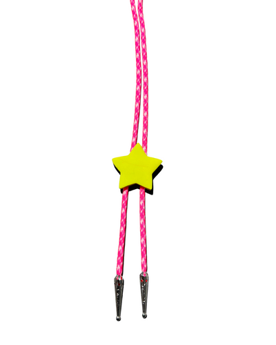 Lime Green Star on Hot Pink/White Camo Cording Bolo Tie