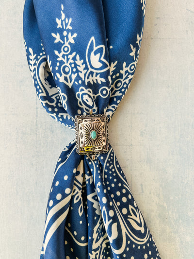 Blue Satin Bandana with Vintage Silver Turquoise Western Slide