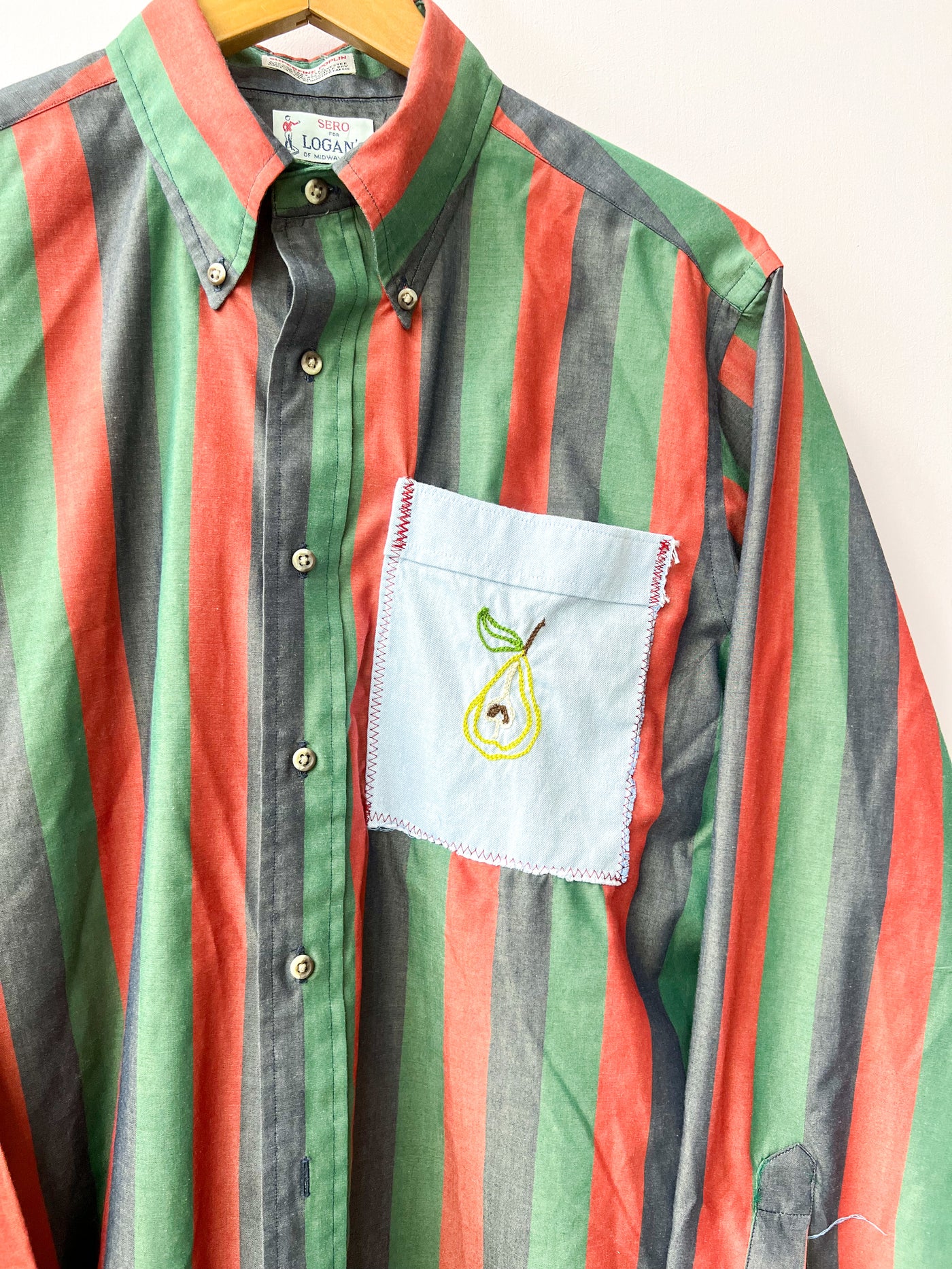 Pear Striped Upcycled Button Up Shirt L