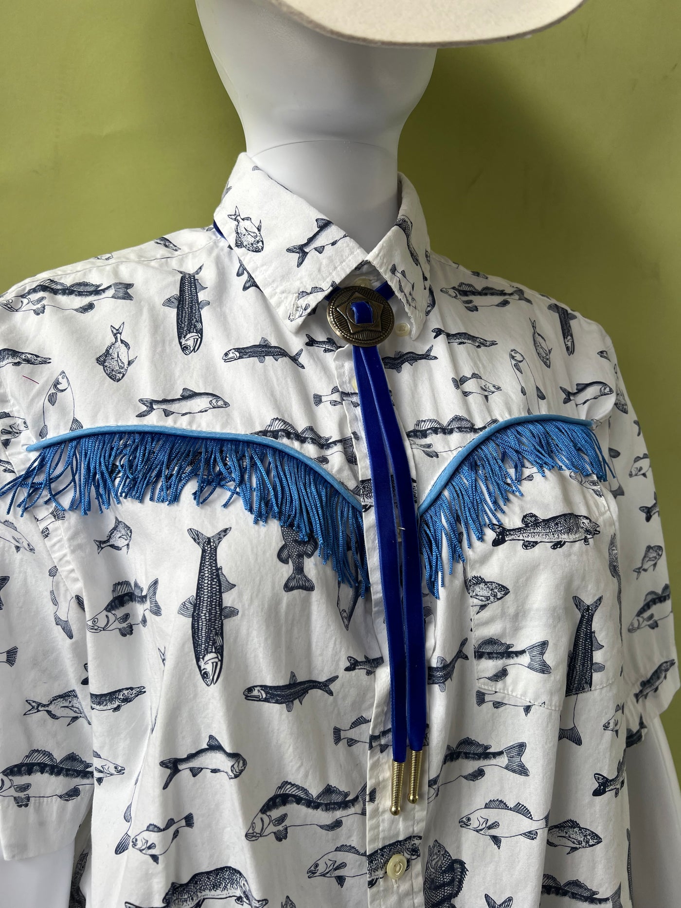 Fish Upcycled Western Fringe Shirt M