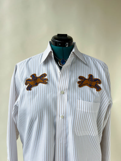 Cowboy Horse Patch Chain Stitch French Cuff Shirt - Gold Stripe