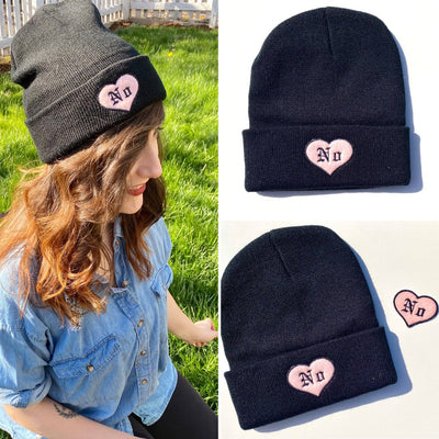 No Pink and Black Heart Embroidered Iron-on Patch