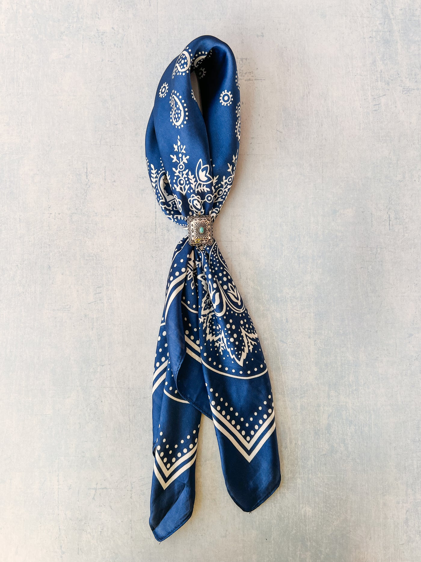 Blue Satin Bandana with Vintage Silver Turquoise Western Slide