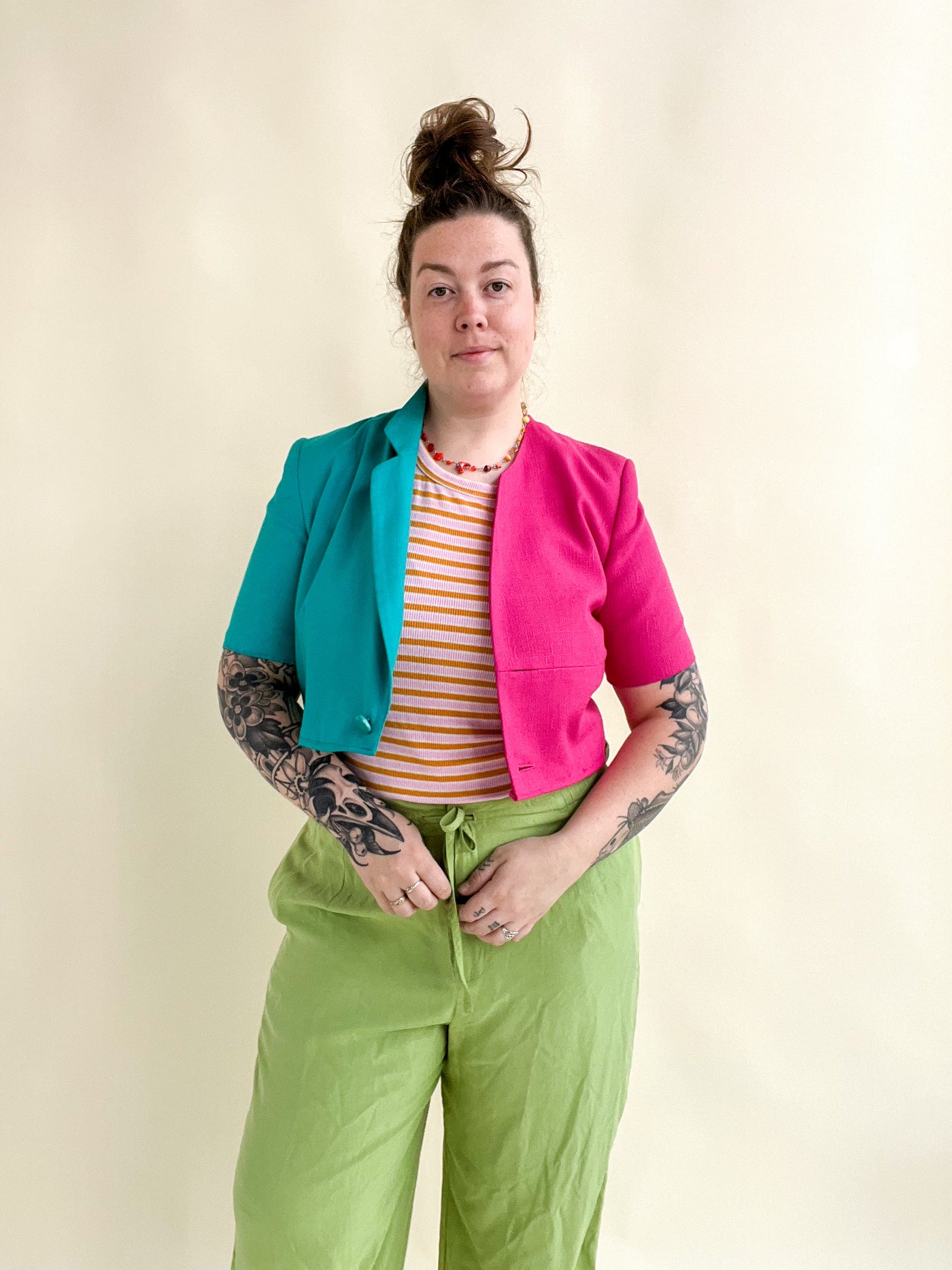 Pink and Teal Crop Reworked Blazer – Velvet Outlaw