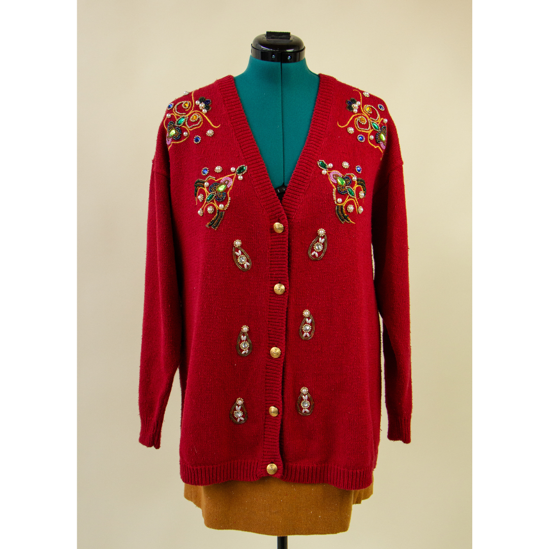 Red Beaded 80's Holiday Sweater