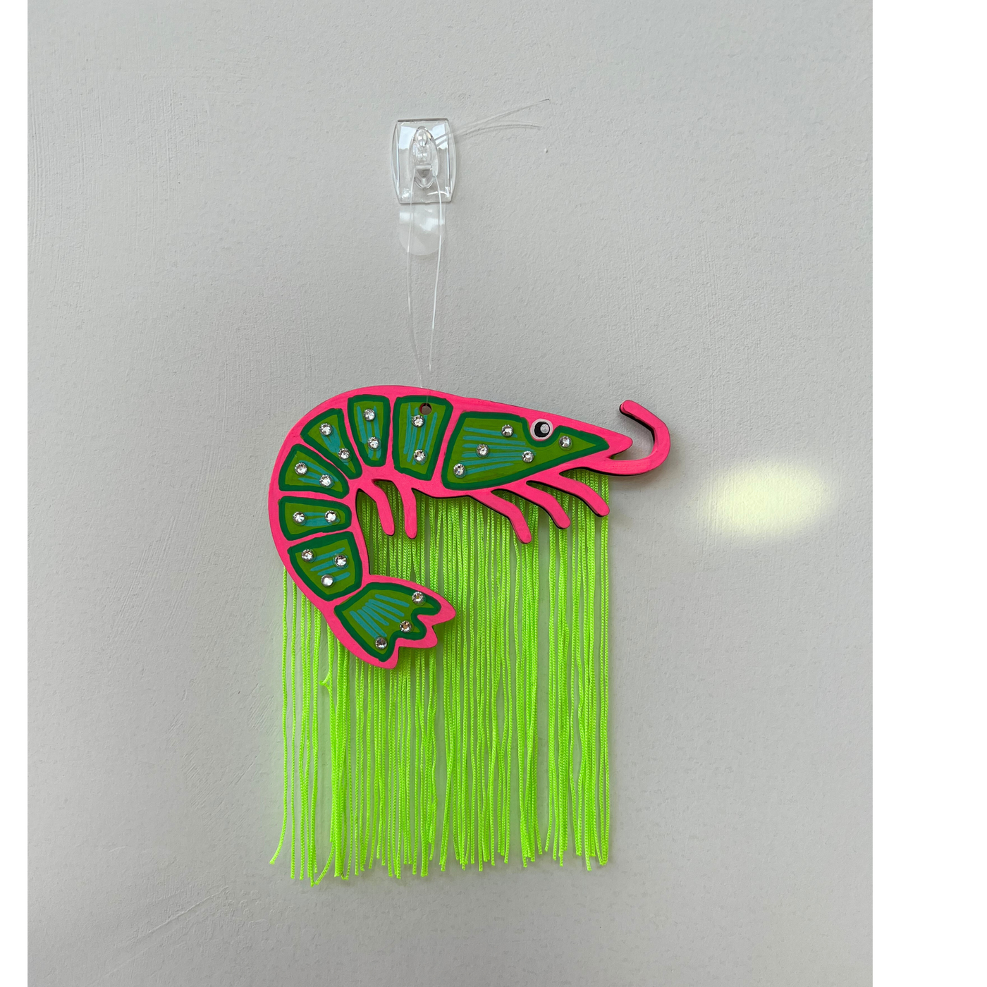 Pink and Green Shrimp Ornament with Green Fringe