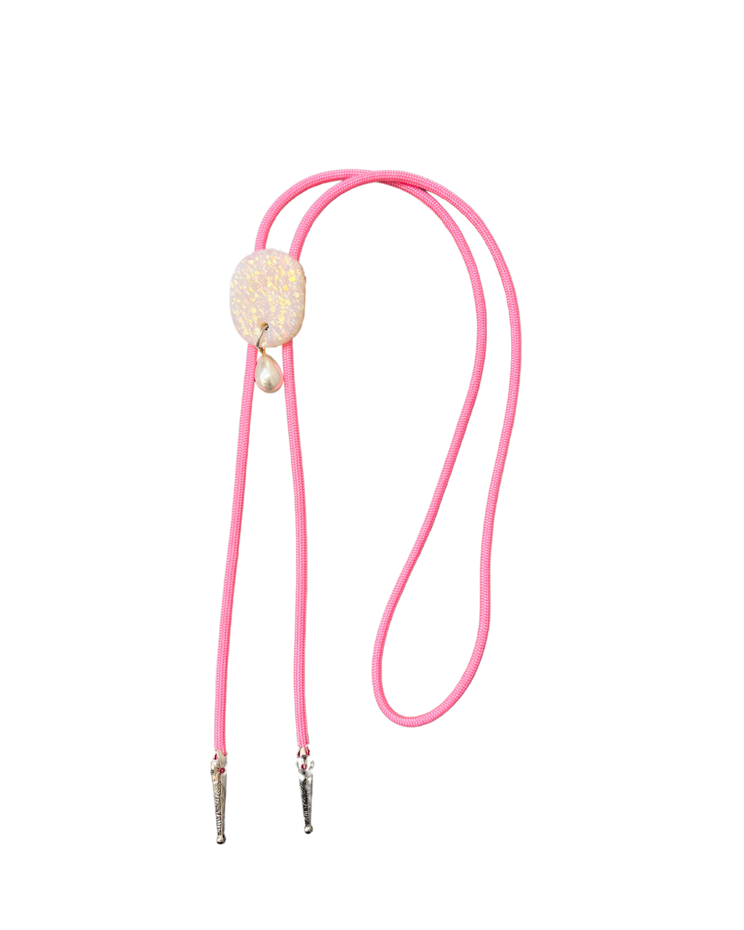 Opal Iridescent Oval with Pearls #1 on Light Pink Cording Bolo Tie