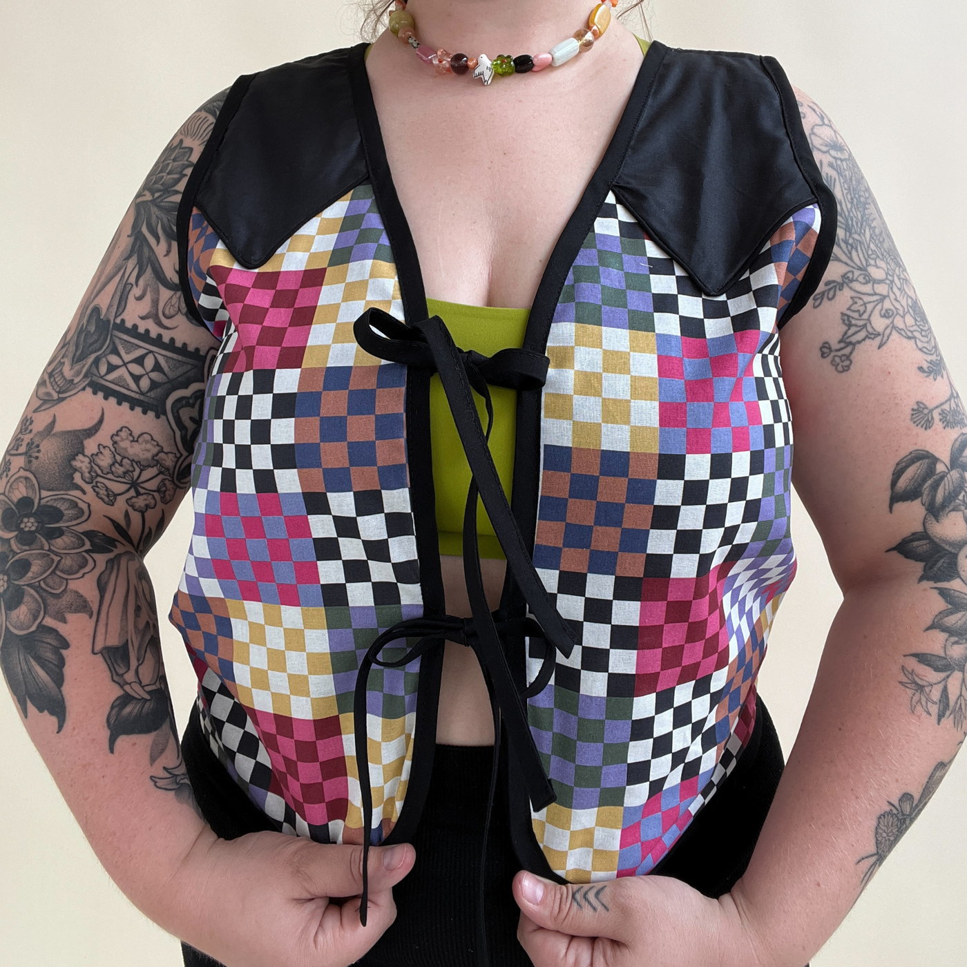 Rainbow Checker  Western Vest with Double Tie Size M