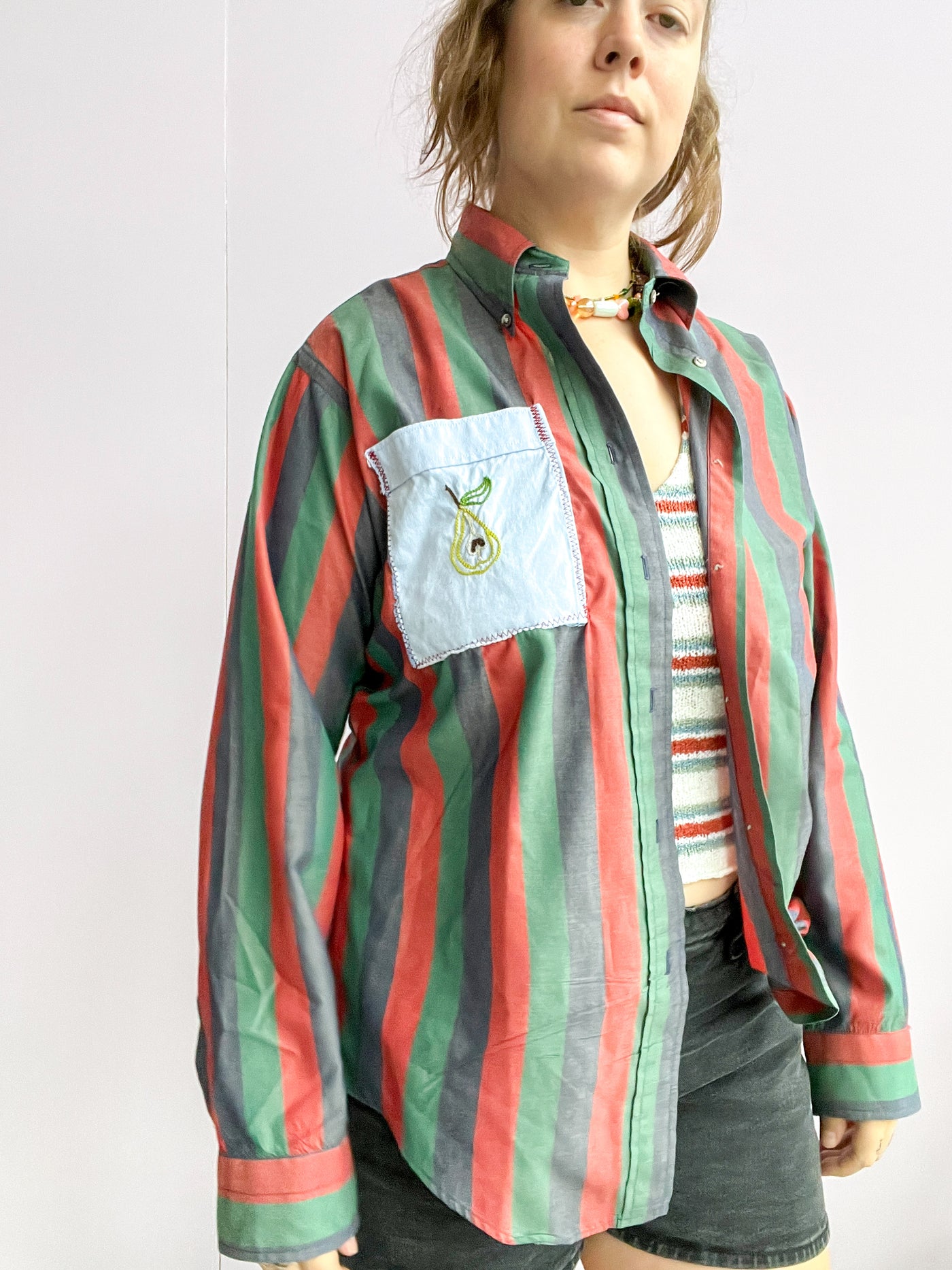 Pear Striped Upcycled Button Up Shirt L