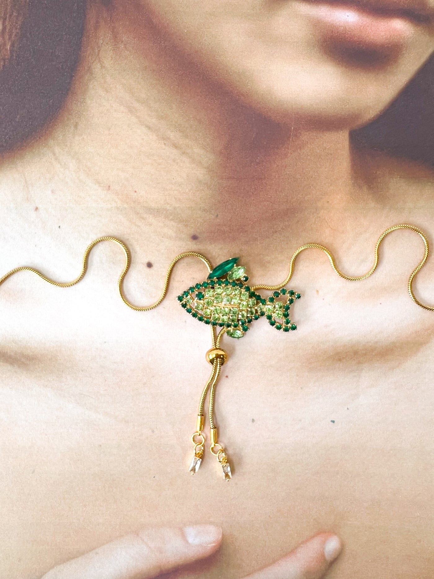 Green Rhinestone Fish Bolo Tie