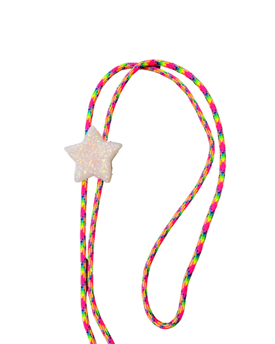 Opal White Glitter Star Rainbow Cord Bolo Tie