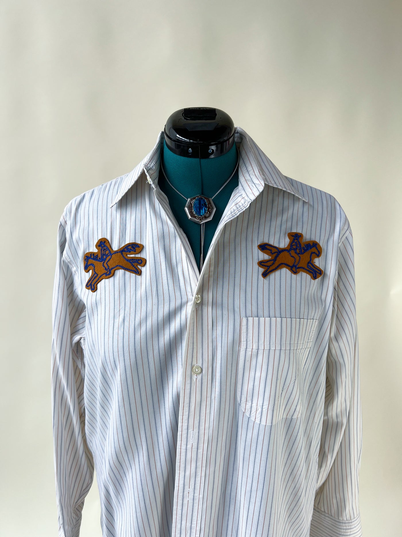 Cowboy Horse Patch Chain Stitch French Cuff Shirt - Blue & Gold Stripe