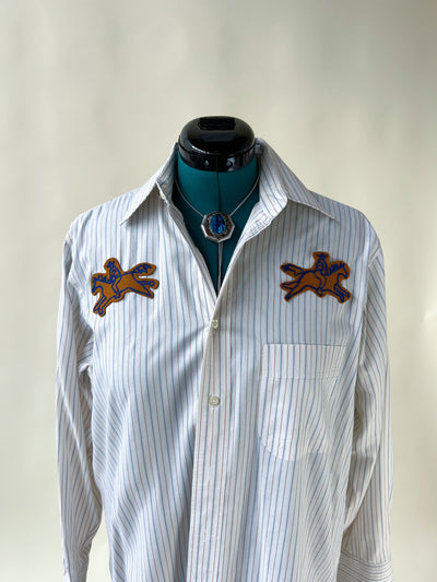 Cowboy Horse Patch Chain Stitch French Cuff Shirt - Blue & Gold Stripe