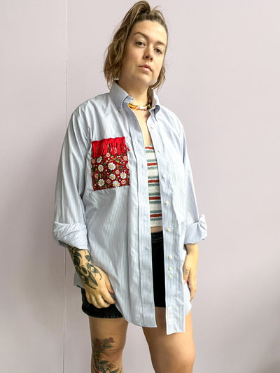 Blue Flower Pocket Upcycled Shirt XL