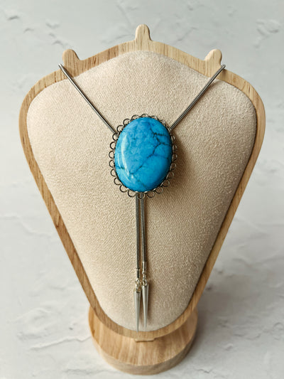 Turquoise Color Large Silver Western Bolo Tie