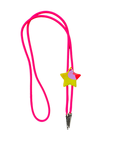 Multicolor Star #3 on Hot Pink Cord Bolo Tie