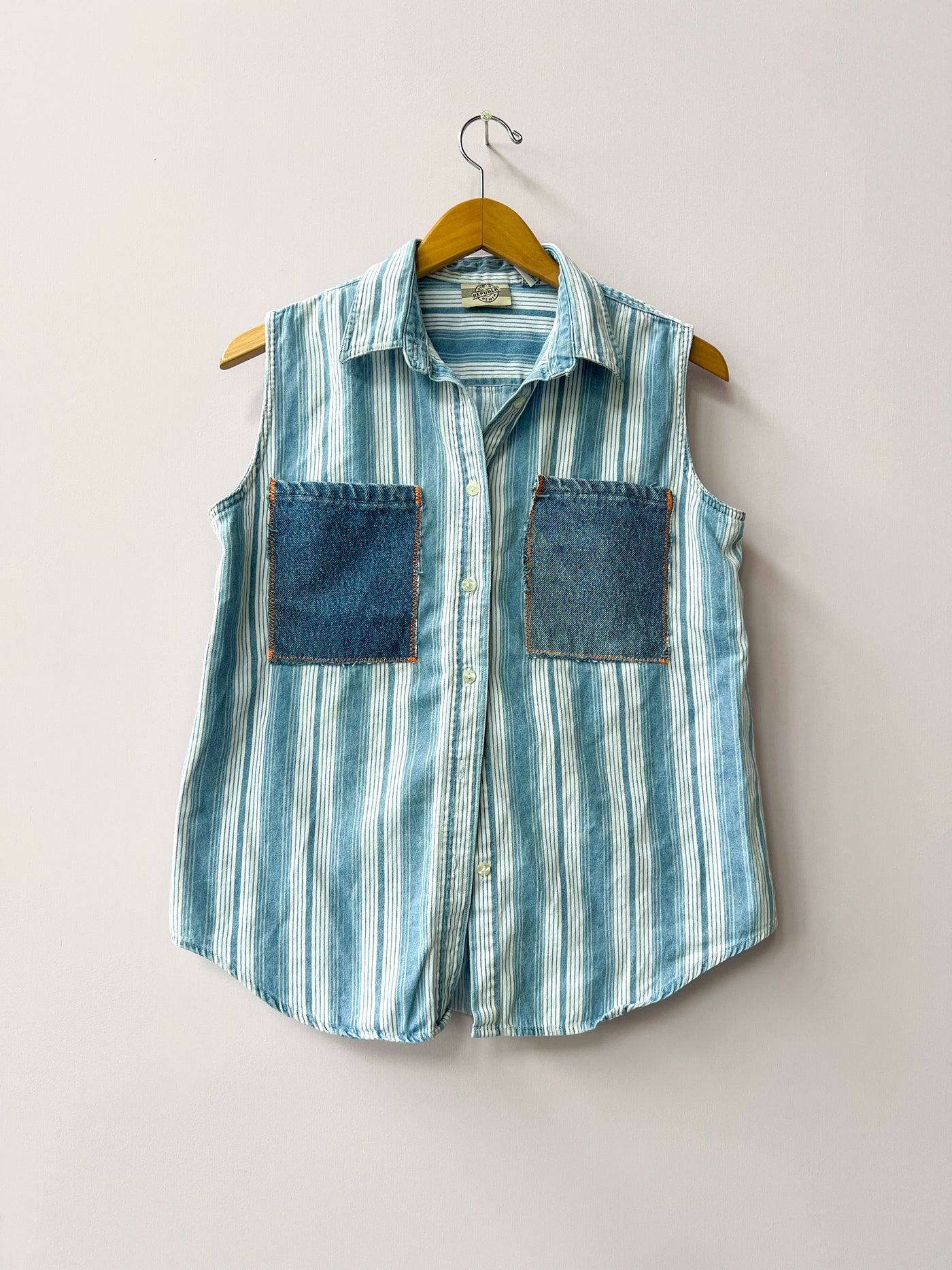 Double Denim Upcycled Sleeveless Shirt L