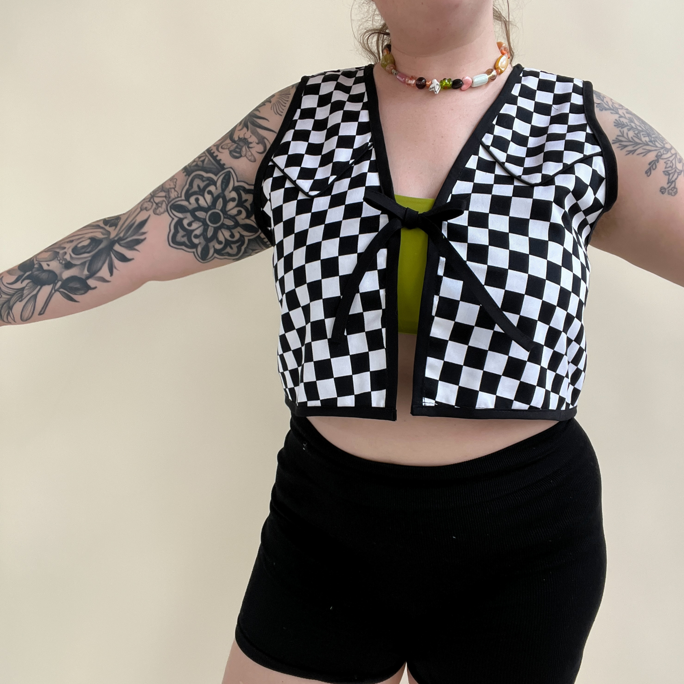 Black & White Checkered Vest with Tie Front - Size M