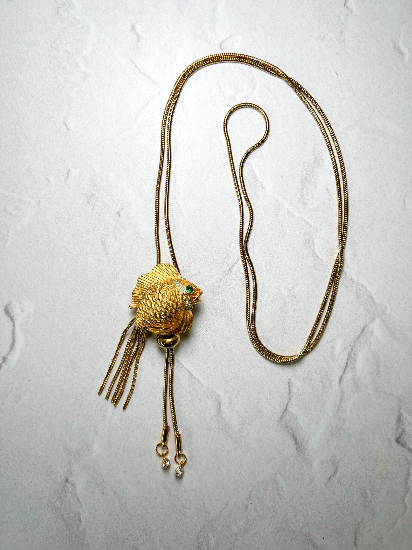 Gold Rhinestone Vintage Fish Bolo Tie