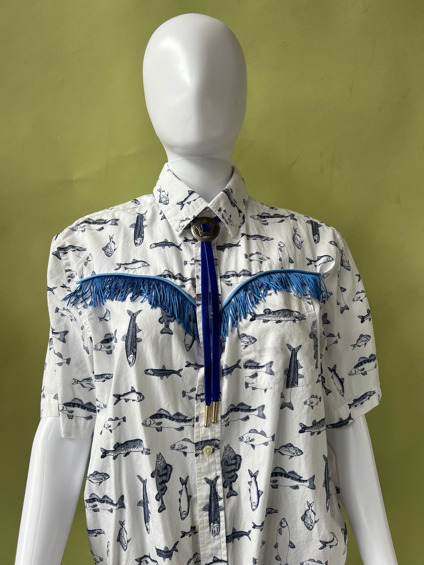 Fish Upcycled Western Fringe Shirt M