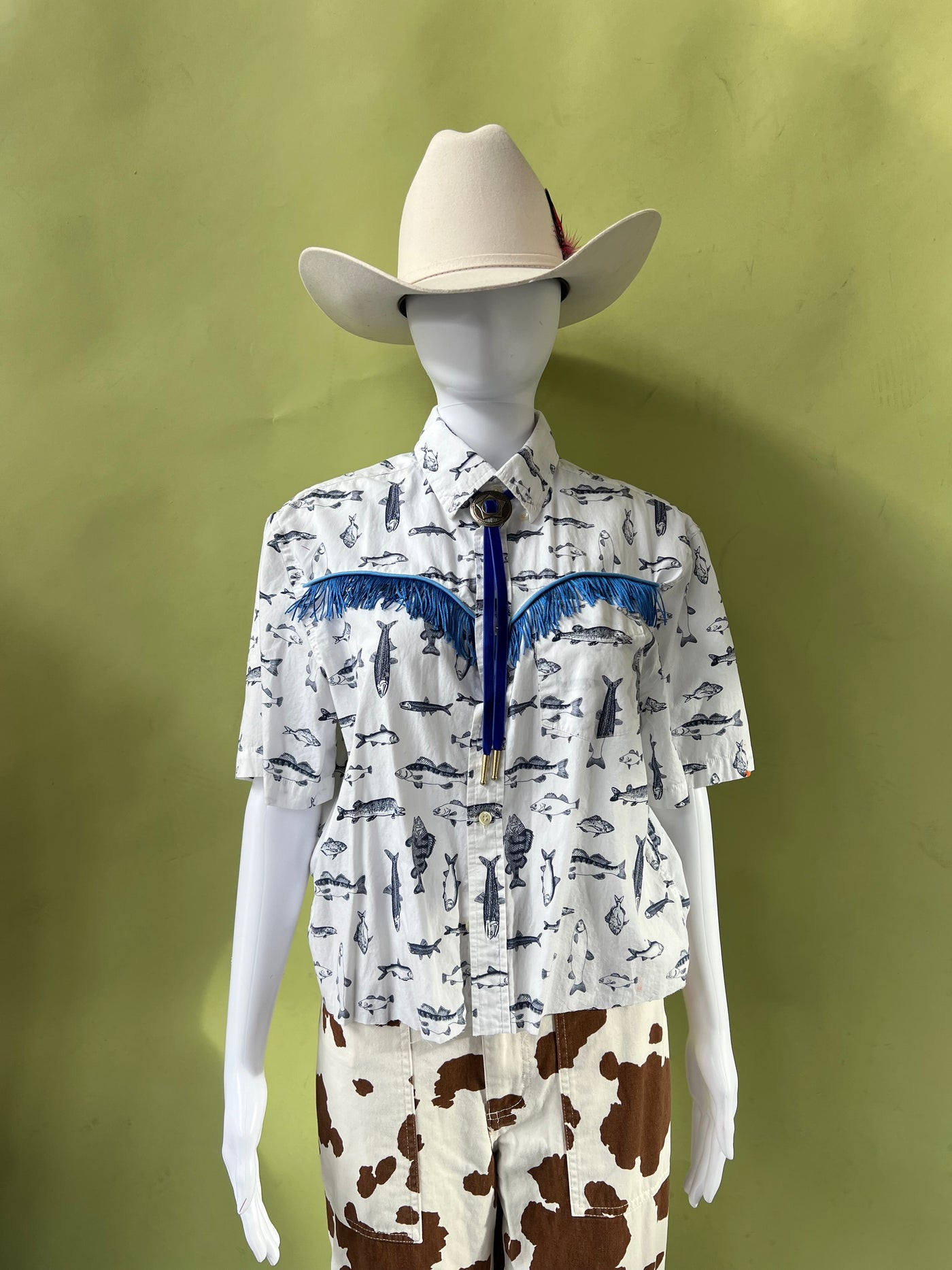 Fish Upcycled Western Fringe Shirt M