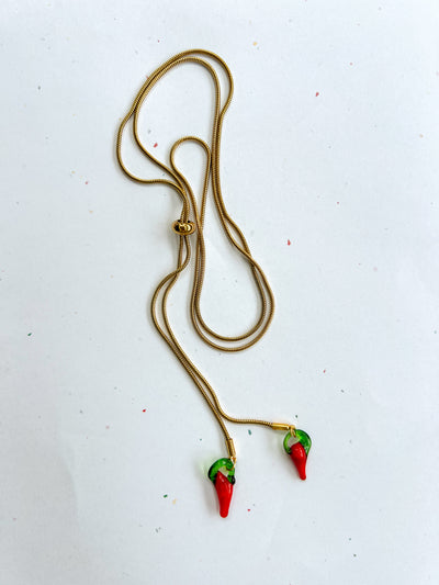 Chili Pepper Gold Lariat Style Bolo Tie Necklace