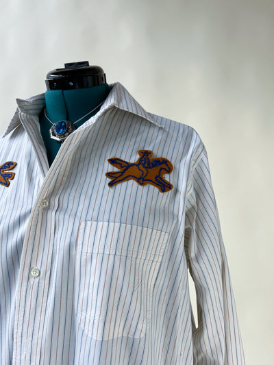 Cowboy Horse Patch Chain Stitch French Cuff Shirt - Blue & Gold Stripe