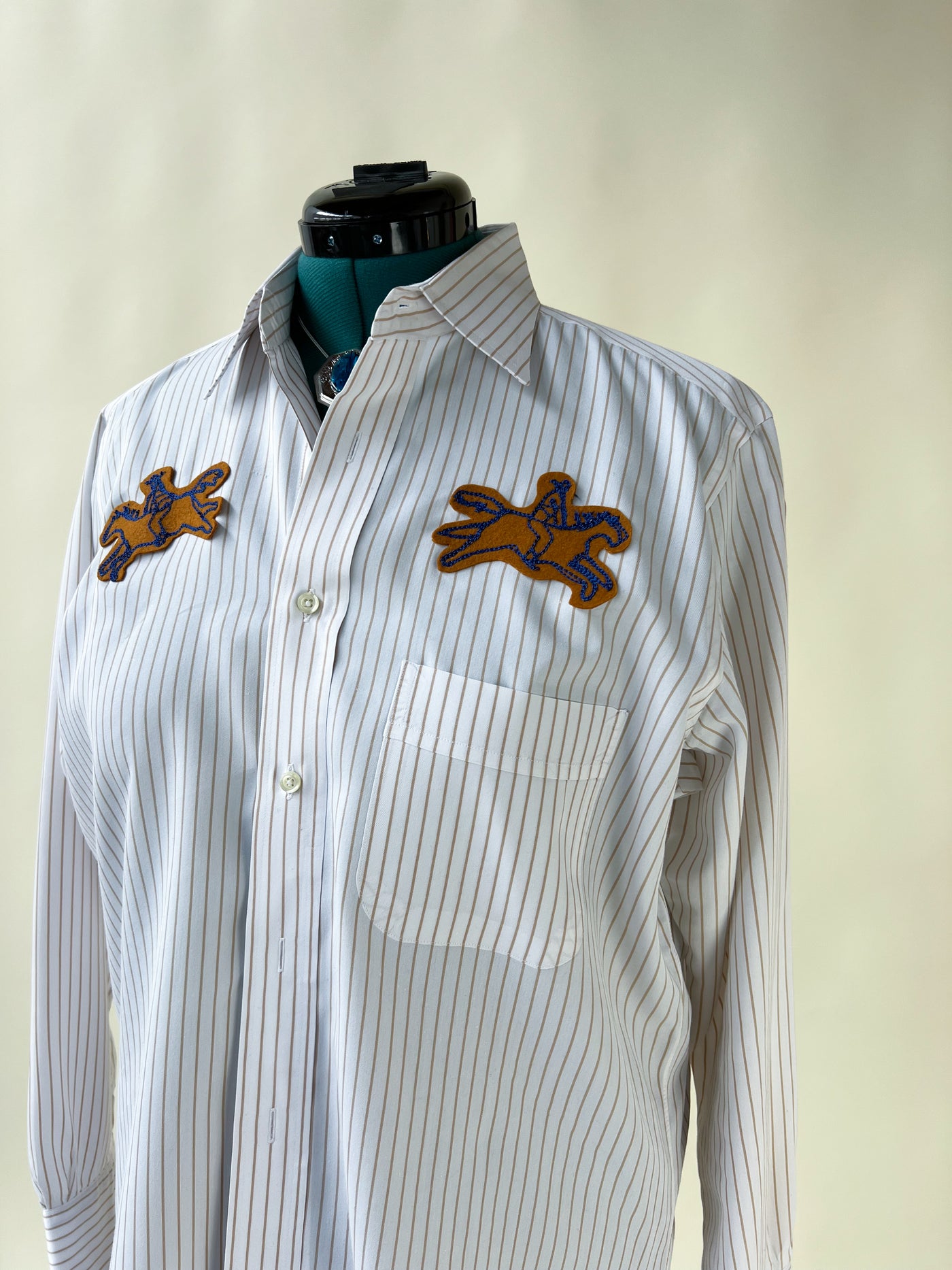Cowboy Horse Patch Chain Stitch French Cuff Shirt - Gold Stripe