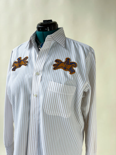 Cowboy Horse Patch Chain Stitch French Cuff Shirt - Gold Stripe