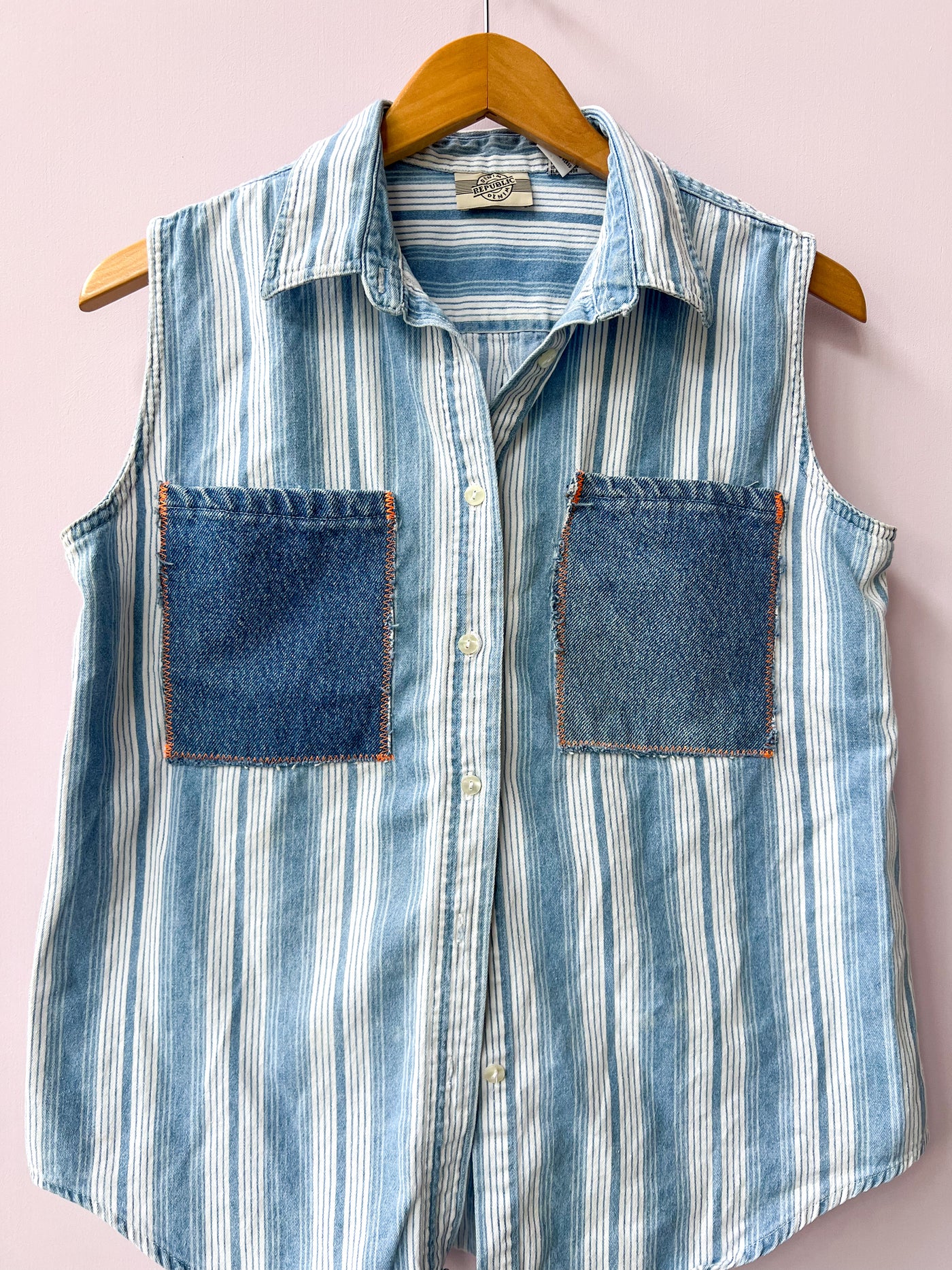 Double Denim Upcycled Sleeveless Shirt L
