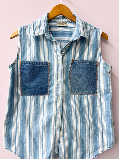 Double Denim Upcycled Sleeveless Shirt L
