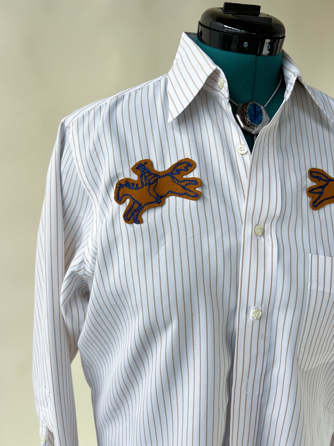 Cowboy Horse Patch Chain Stitch French Cuff Shirt - Gold Stripe