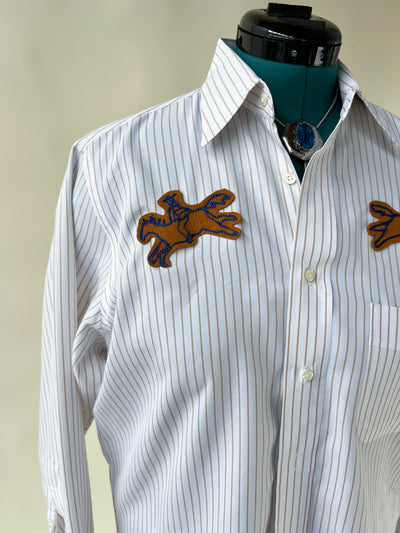 Cowboy Horse Patch Chain Stitch French Cuff Shirt - Gold Stripe