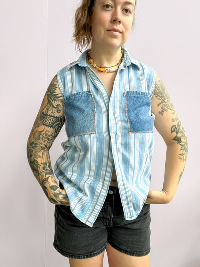 Double Denim Upcycled Sleeveless Shirt L