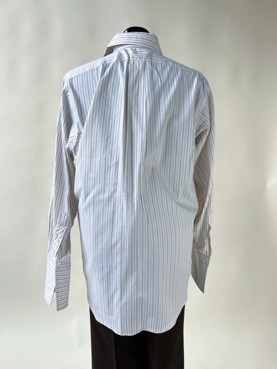 Cowboy Horse Patch Chain Stitch French Cuff Shirt - Blue & Gold Stripe