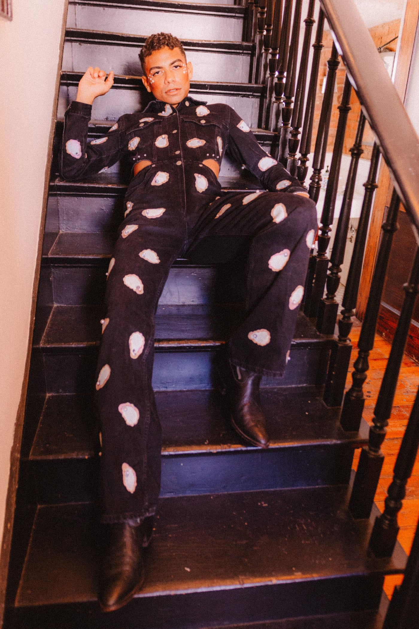 Denim Black Jumpsuit with Oysters and Pearls
