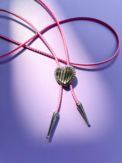 Vintage Heart Pink Braided Leather Bolo Tie
