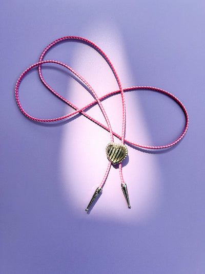 Vintage Heart Pink Braided Leather Bolo Tie
